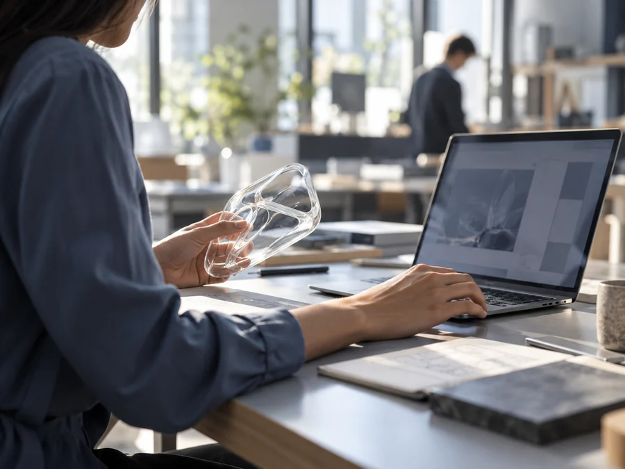 Technology researcher working at a laptop in a bright innovation workspace