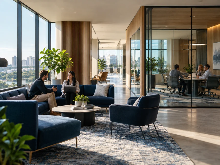 Professionals collaborating in a contemporary office lounge and glass meeting room