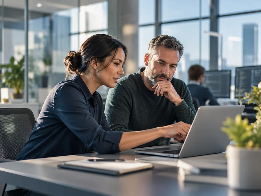 Two technology professionals reviewing work together at a laptop