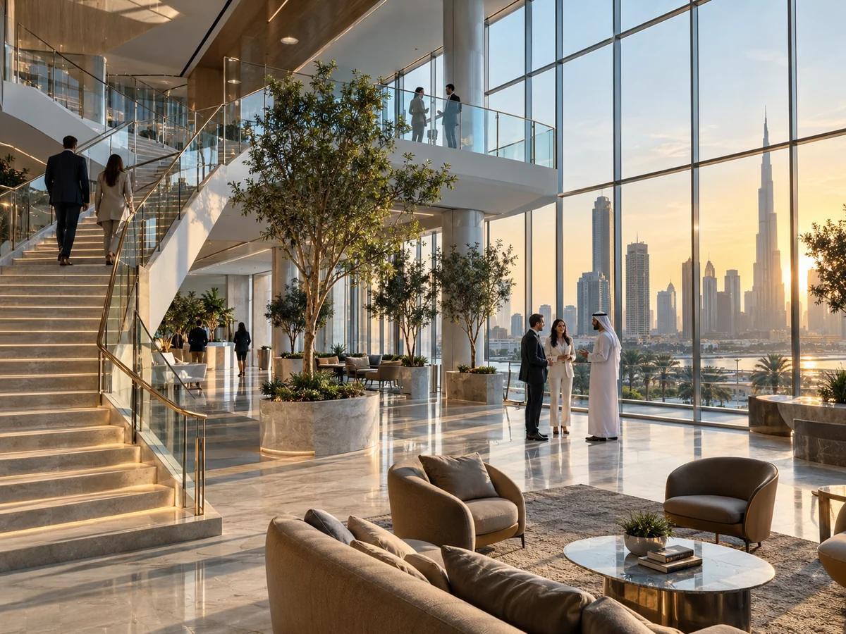 Sunlit contemporary business atrium with open staircases, greenery and a city view